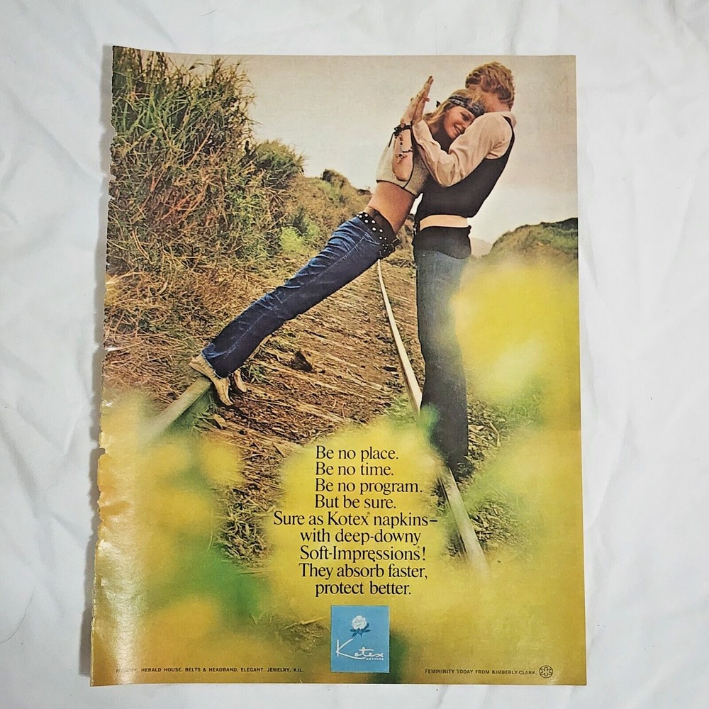 Vintage 1971 Kotex Print Ad Hippie Couple Railroad Magazine Clipping 8x11